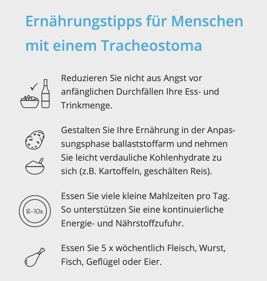 Infografik mit Ernährungstipps für Menschen mit Tracheostoma, einschließlich Empfehlungen zu Mahlzeiten und Nahrungsaufnahme